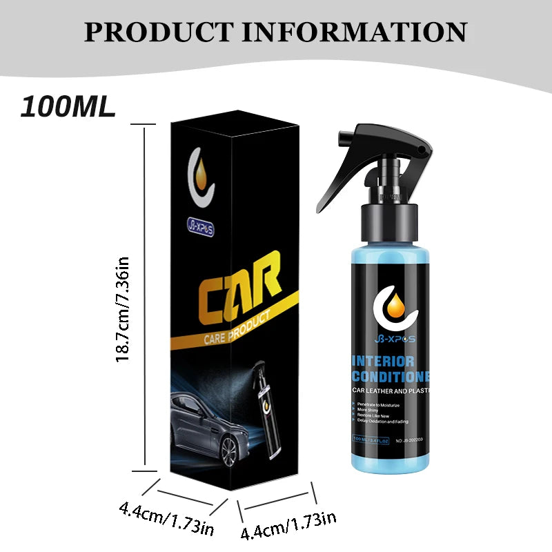 A black bottle of interior conditioner for car leather and plastic with a black pump dispenser.
