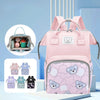Pink bear print waterproof diaper backpack with large capacity shown in various colors and a white background.