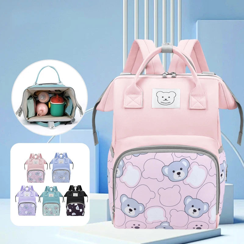 Pink bear print waterproof diaper backpack with large capacity shown in various colors and a white background.