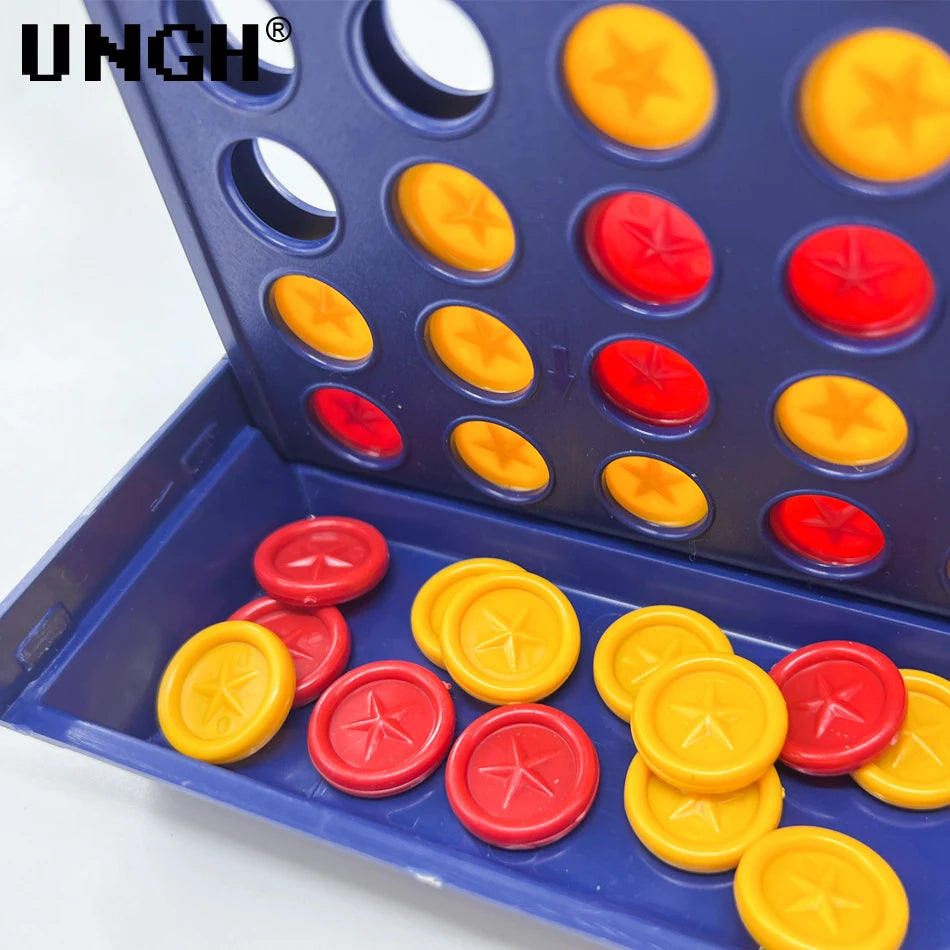 A blue strategy board game with yellow and red circular pieces arranged in a grid.