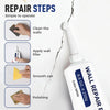 A hand is shown applying wall filler to a crack in a white wall, illustrating the repair steps for wall repair paste kit.