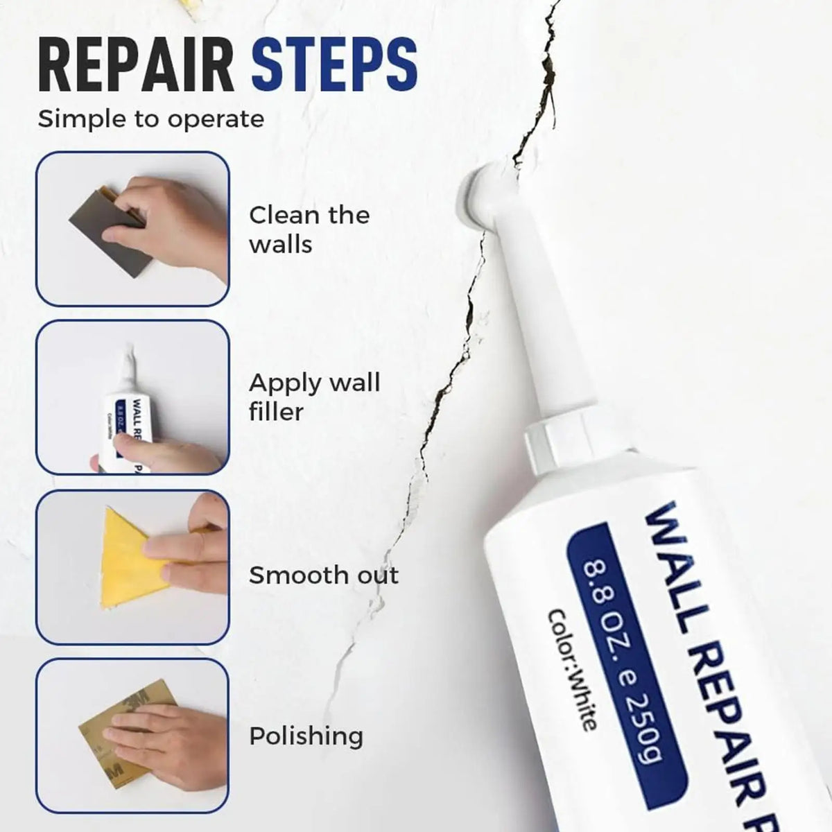 A hand is shown applying wall filler to a crack in a white wall, illustrating the repair steps for wall repair paste kit.