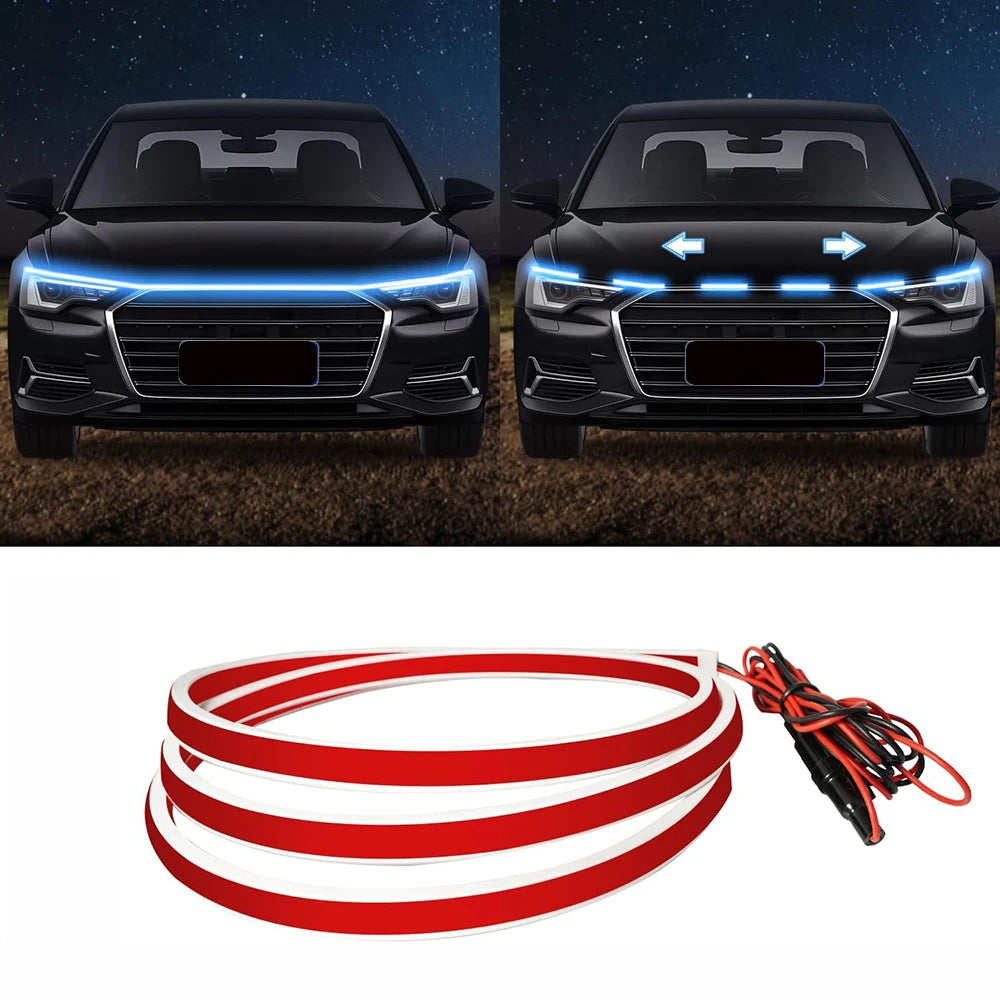 Red and white LED light strip for car hood installation