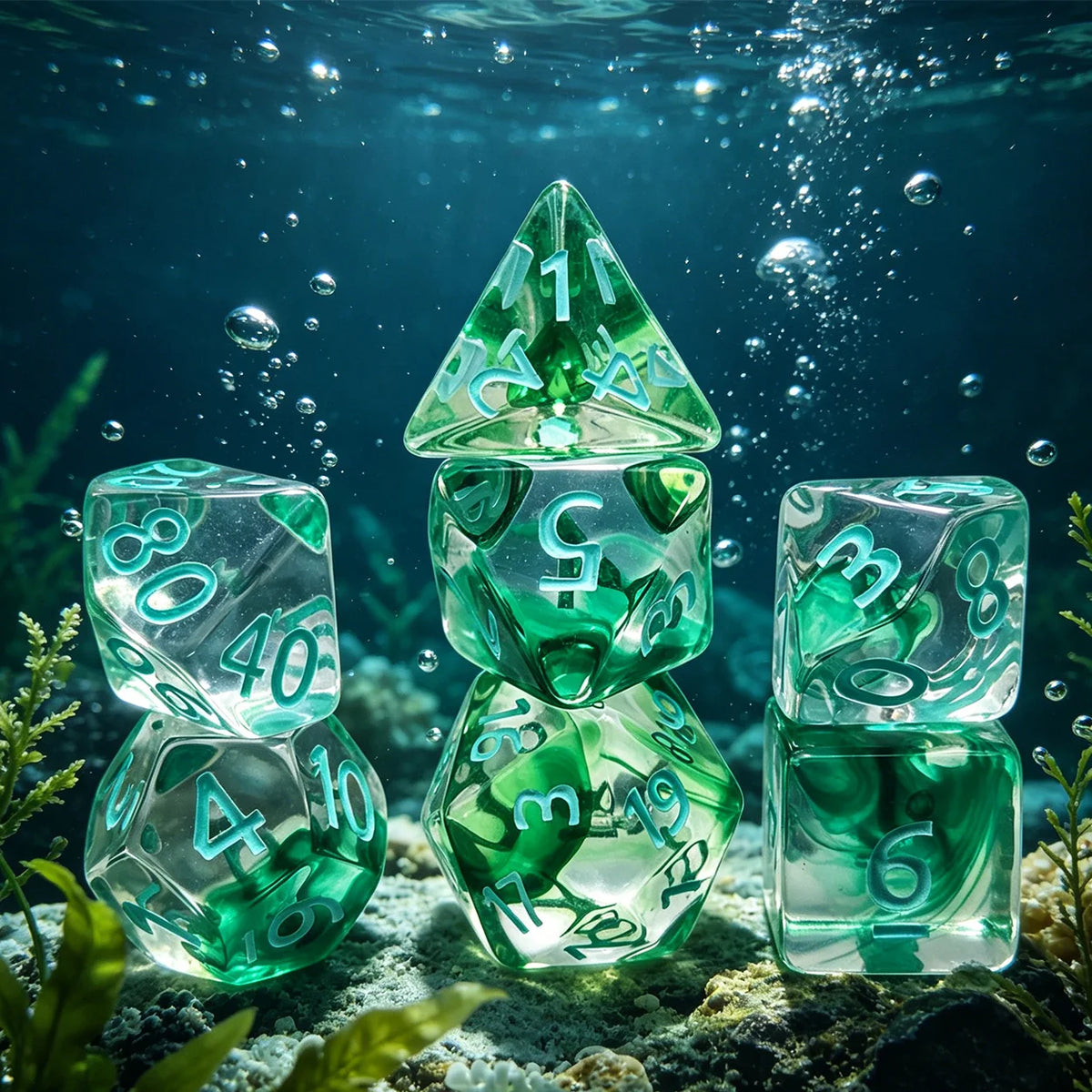 A collection of seven fresh green polyhedral gaming dice floating underwater near marine plants.