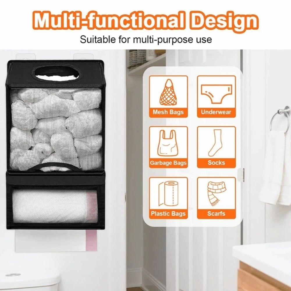 Black wall-mounted multi-functional bag holder dispenser for storing mesh bags, garbage bags, underwear, socks, and plastic b