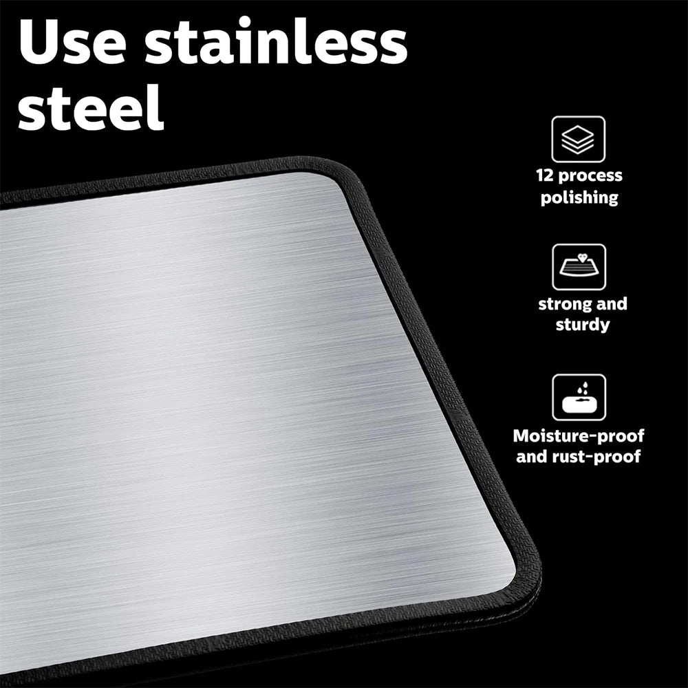 A close-up view of a stainless steel splatter guard with a black edge, highlighting its durability and polishing features.