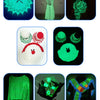 Glow-in-the-dark polyester yarn for knitting and crochet shown in various knitted items and accessories.