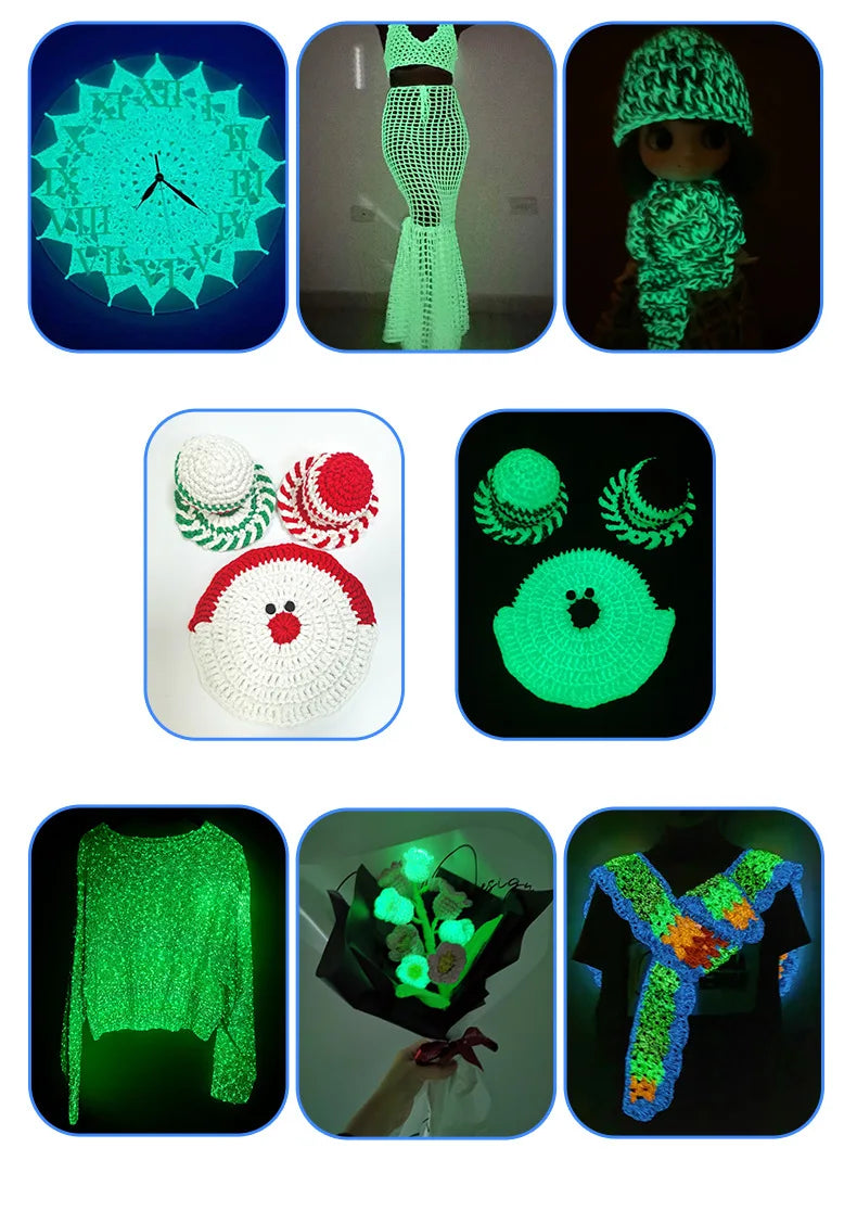 Glow-in-the-dark polyester yarn for knitting and crochet shown in various knitted items and accessories.