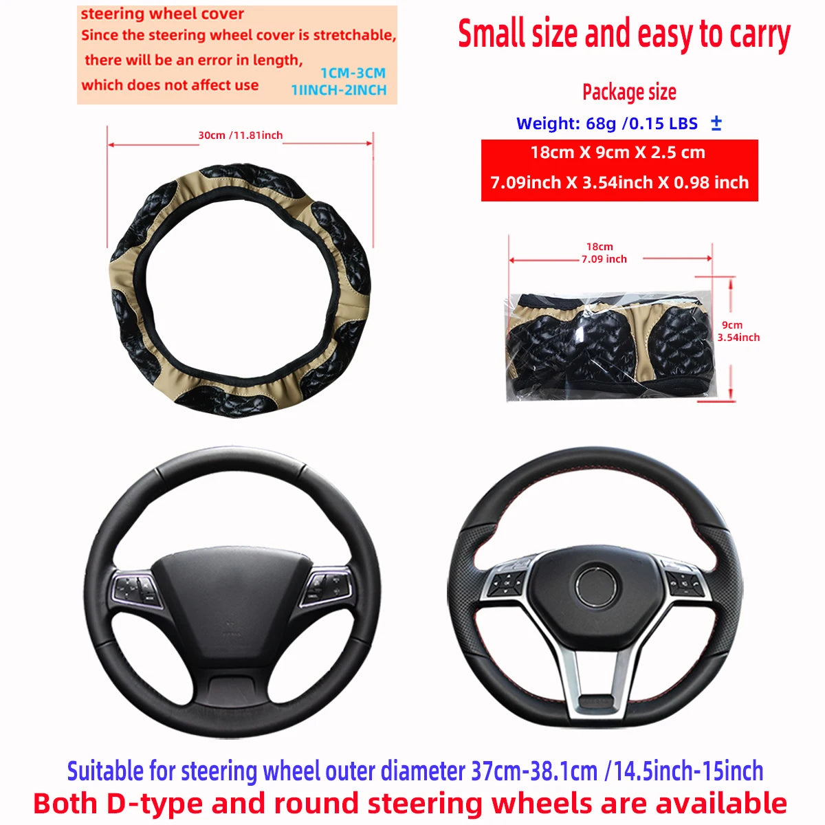 Black and beige faux sheepskin steering wheel cover for D-type and round steering wheels