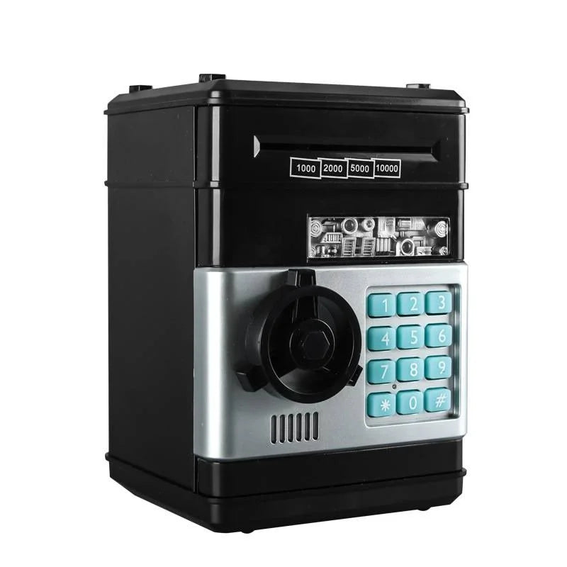 A black electronic password piggy bank with an automatic bill feeder and digital display.