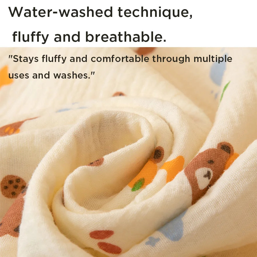 A close-up of a white cotton fabric with a light blue pattern and a brown bear design, showing a soft, rolled texture.