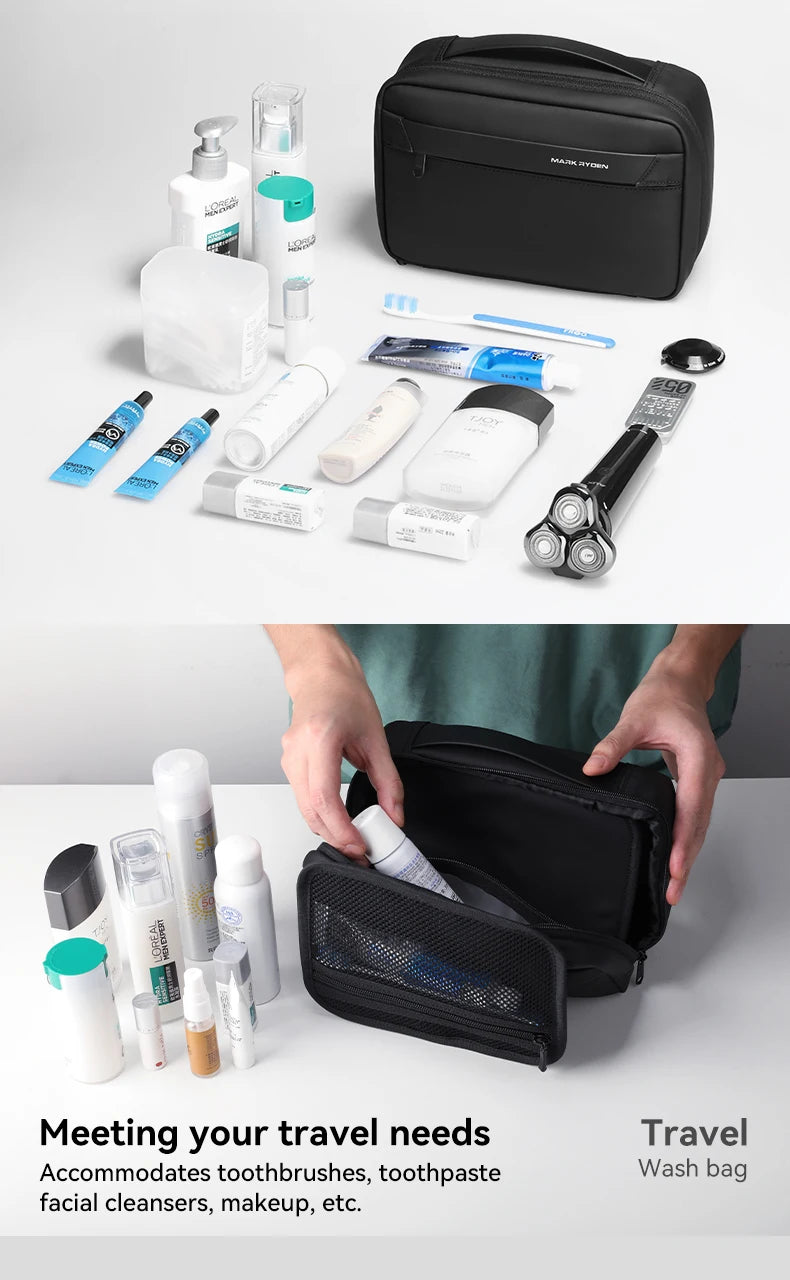 A black waterproof travel bag is shown open, containing various toiletries like toothbrushes, toothpaste, and facial cleanser