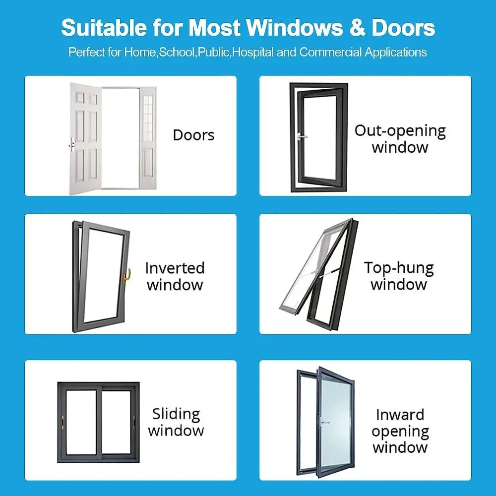 Various types of window and door locks including out-opening, inverted, top-hung, sliding, and inward opening designs.