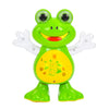 A bright green frog toy with large eyes and a smiling mouth, featuring yellow accents.