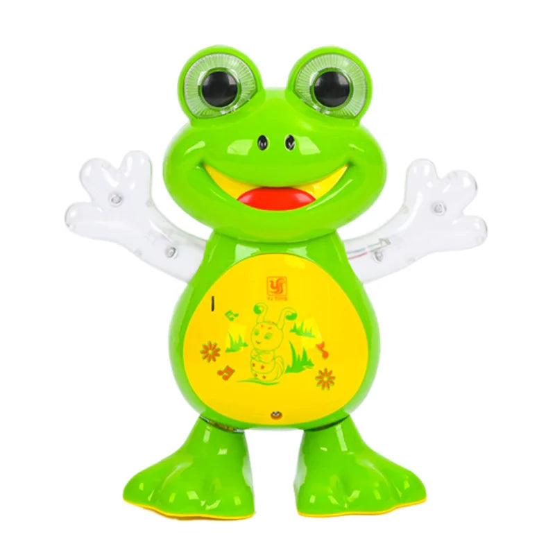A bright green frog toy with large eyes and a smiling mouth, featuring yellow accents.