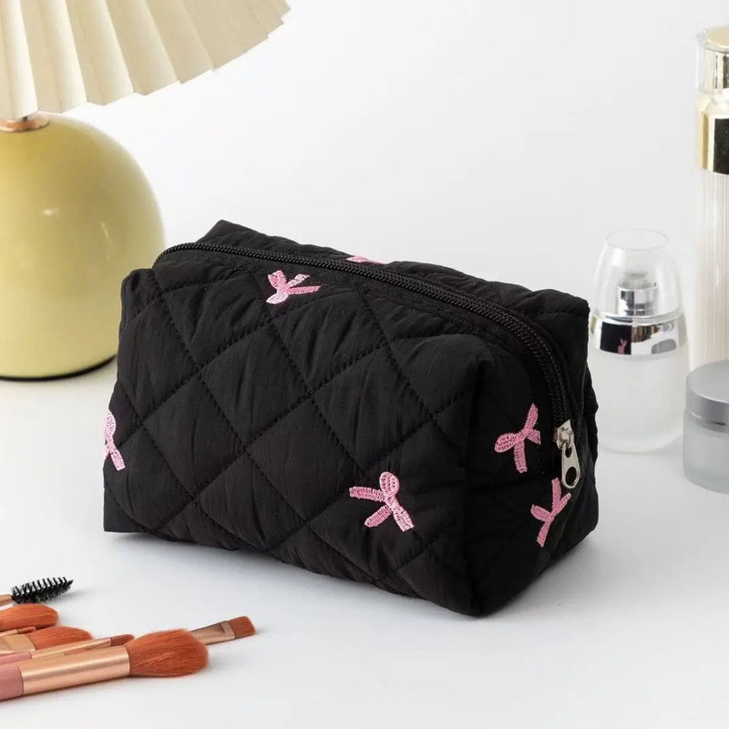 Quilted Floral Makeup Bag with Bow Detail