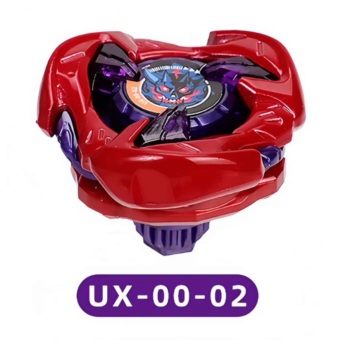 A red and purple metal spinning top battle toy with a launcher mechanism.