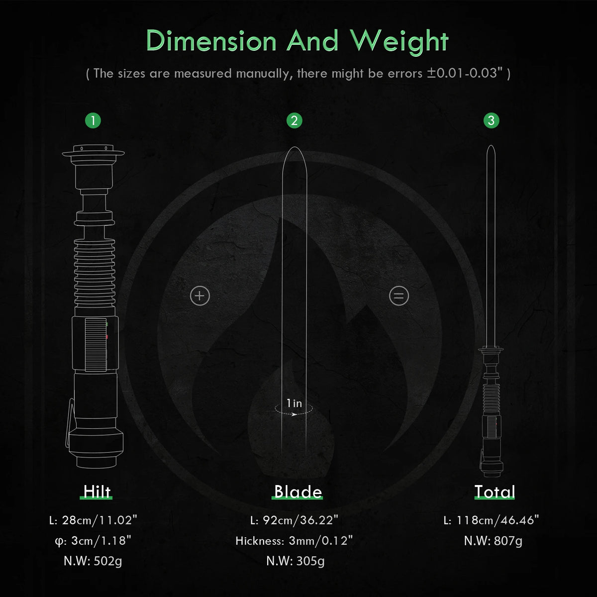 Diagram showing the dimension and weight of a lightsaber, including the hilt, blade, and total length and weight specificatio