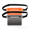 A set of three waterproof phone pouches in black, orange, and gray for swimming and outdoor activities.