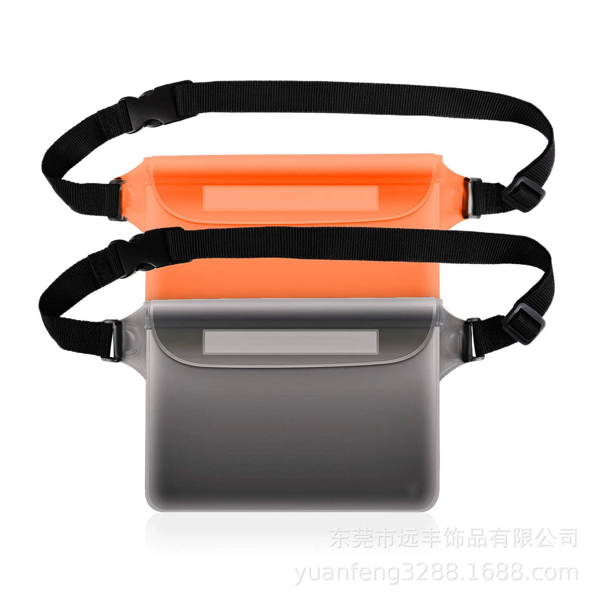 A set of three waterproof phone pouches in black, orange, and gray for swimming and outdoor activities.
