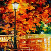 An oil painting depicting an orange and red autumn scene with a street lamp and a bicycle reflected in water.