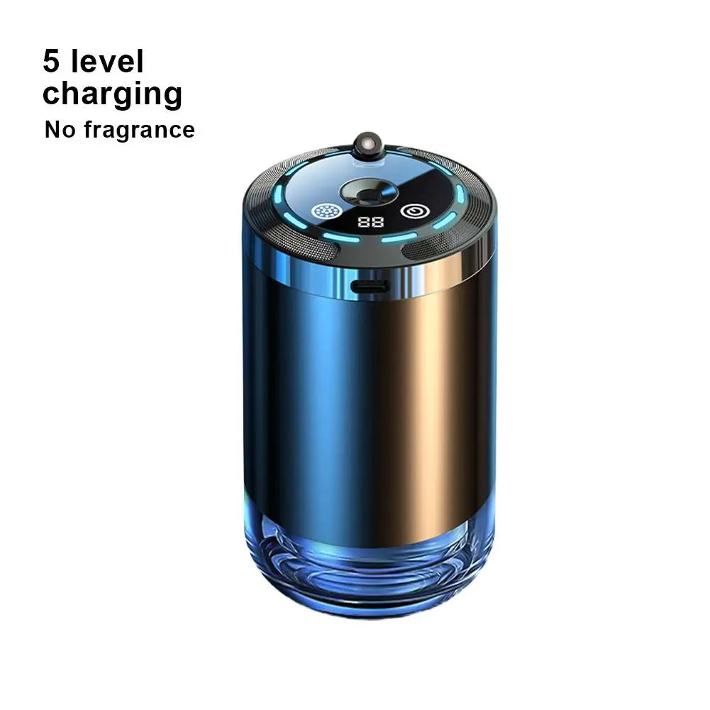 A sleek, cylindrical smart car aroma diffuser with a metallic finish and an ambient light projection feature.