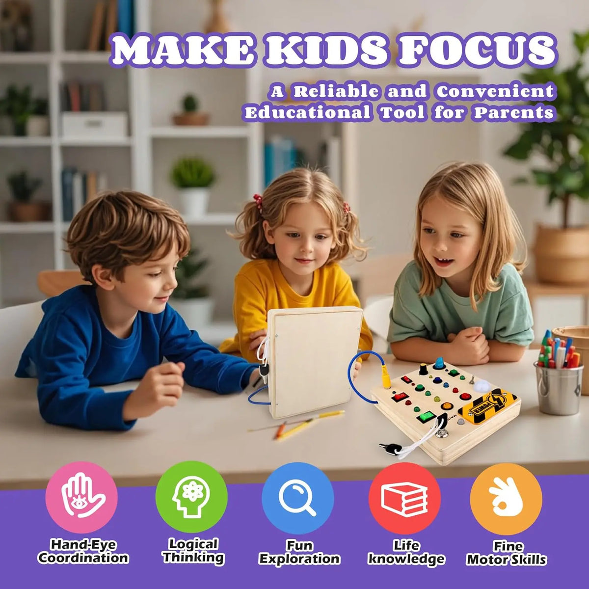 Montessori Wooden Busy Board with LED Switch Controls
