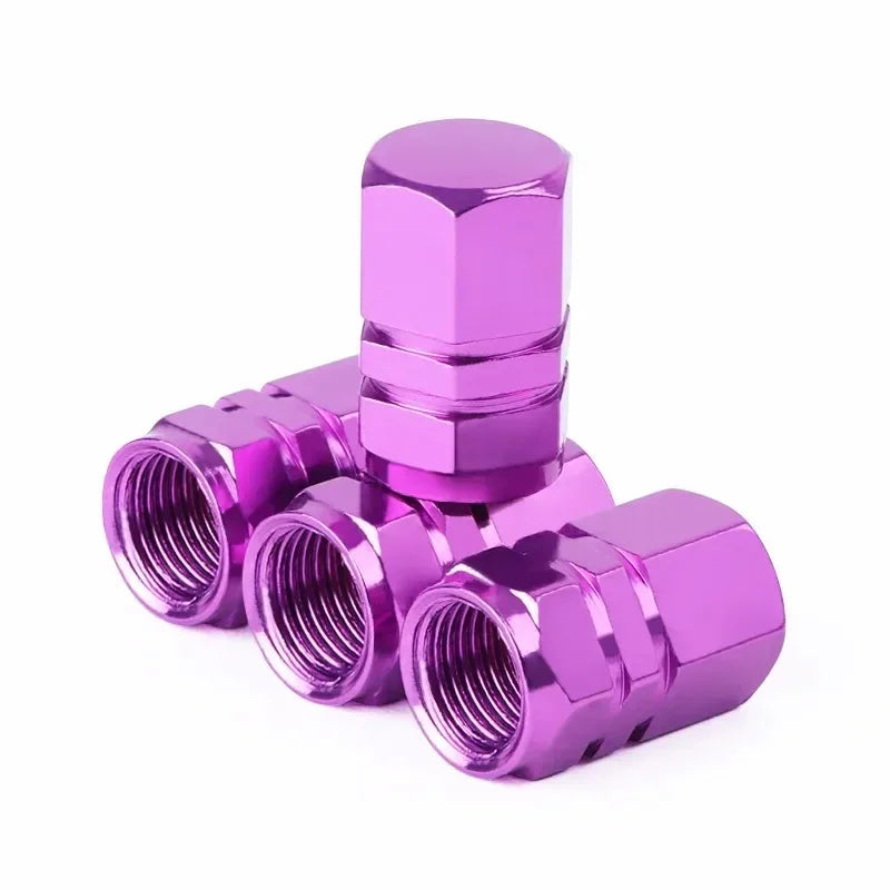 Set of four hexagonal purple aluminum alloy wheel tire valve caps
