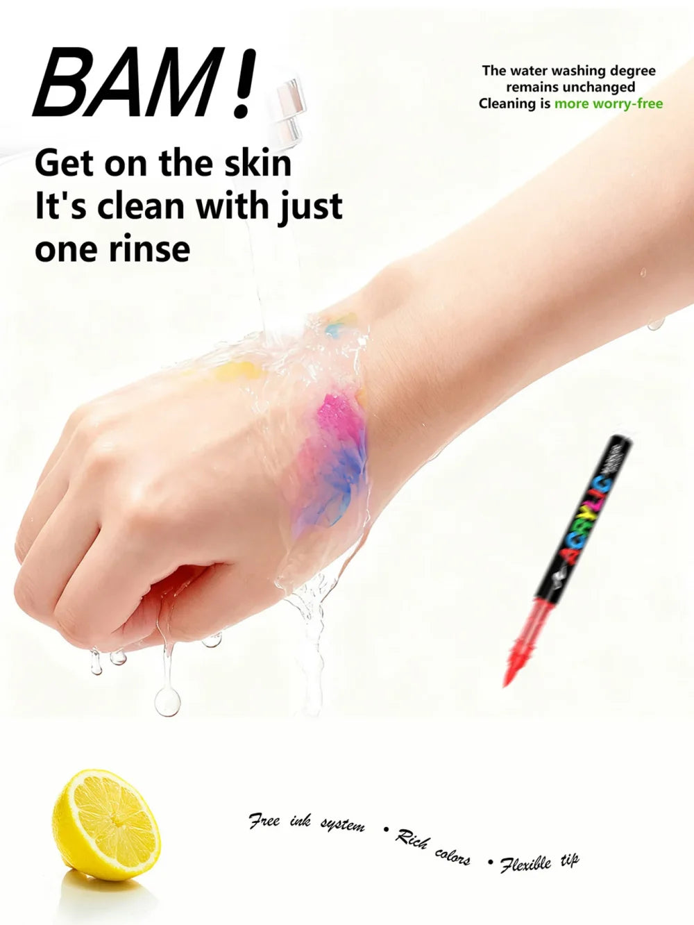 A hand is shown rinsing acrylic paint markers after use, demonstrating easy cleaning.