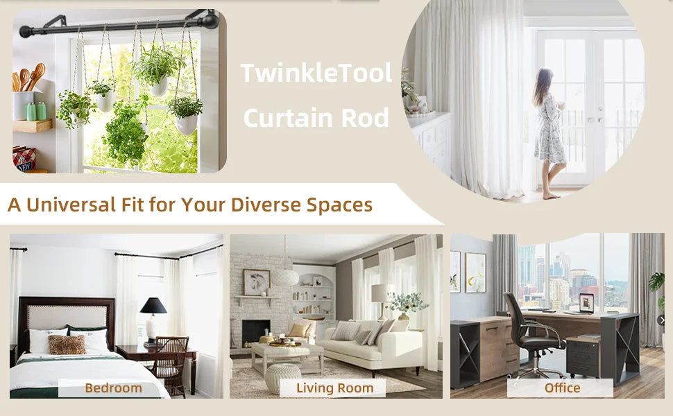Matte black decorative curtain rod shown in various contexts including a window, bedroom, living room, and office.