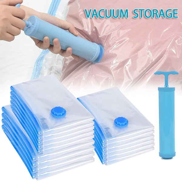 A set of clear vacuum storage bags with blue valves and a hand holding one bag, next to a vertical blue storage bag.