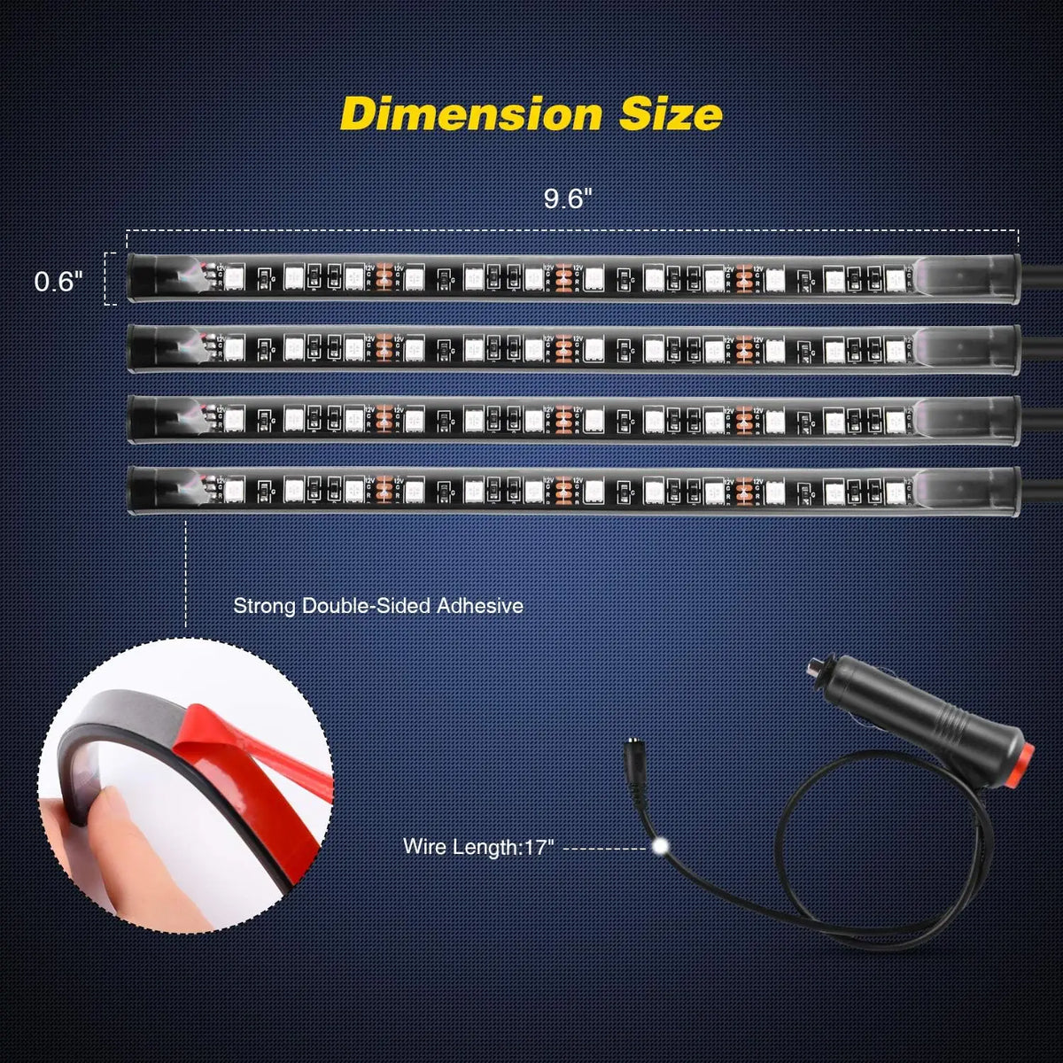 A set of 48 LED multicolor music car interior light strips with a remote control and strong double-sided adhesive.