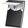 A slim card holder featuring a black textured leather cover and a silver stainless steel frame.