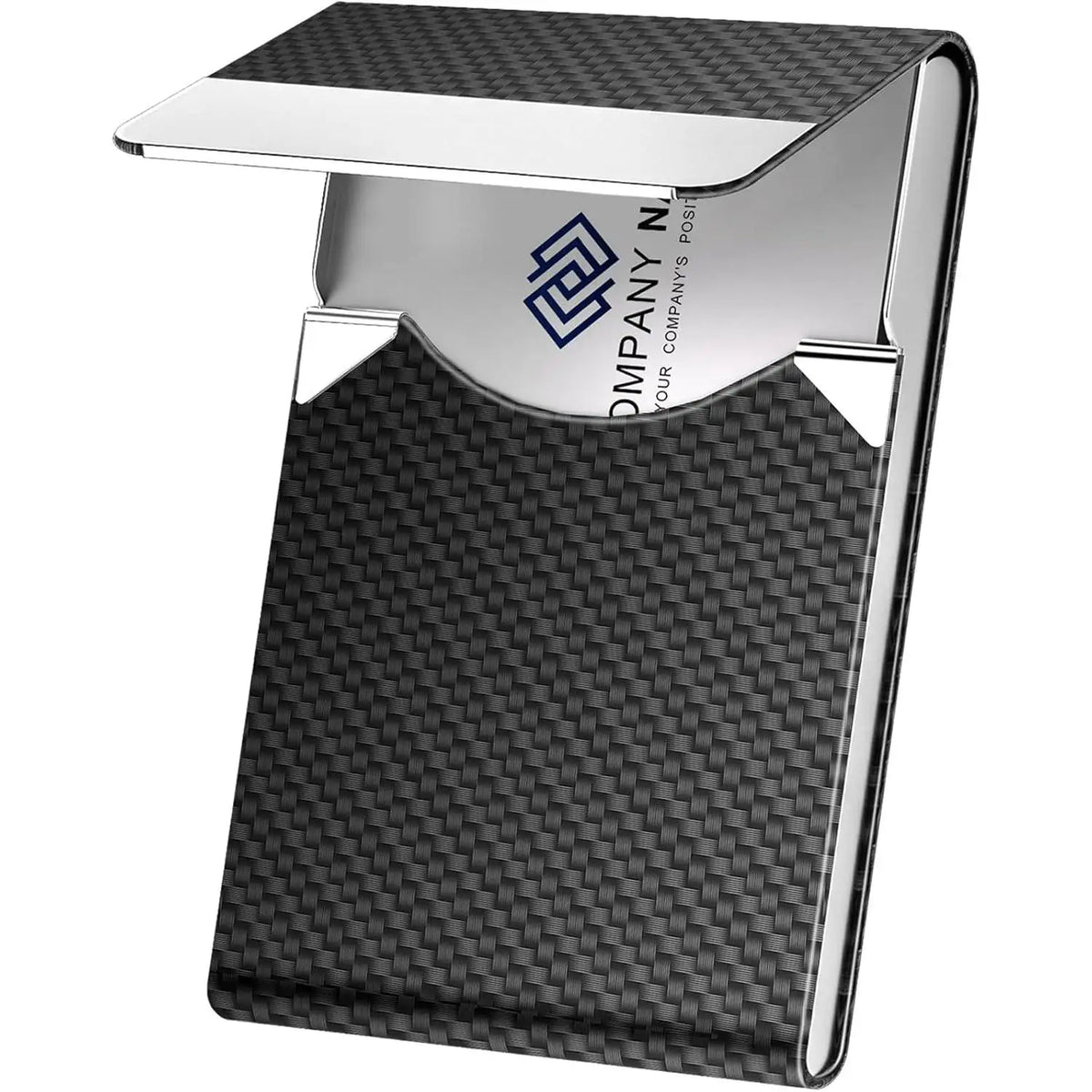 A slim card holder featuring a black textured leather cover and a silver stainless steel frame.
