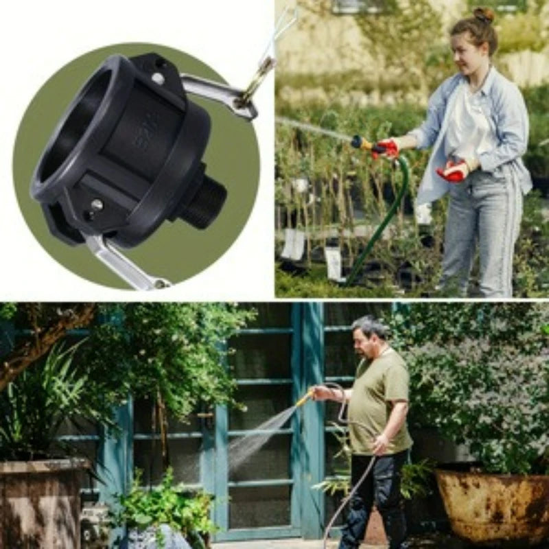 A black IBC tote drain adapter with a 2-inch camlock fitting is shown next to a person using it on a garden hose.