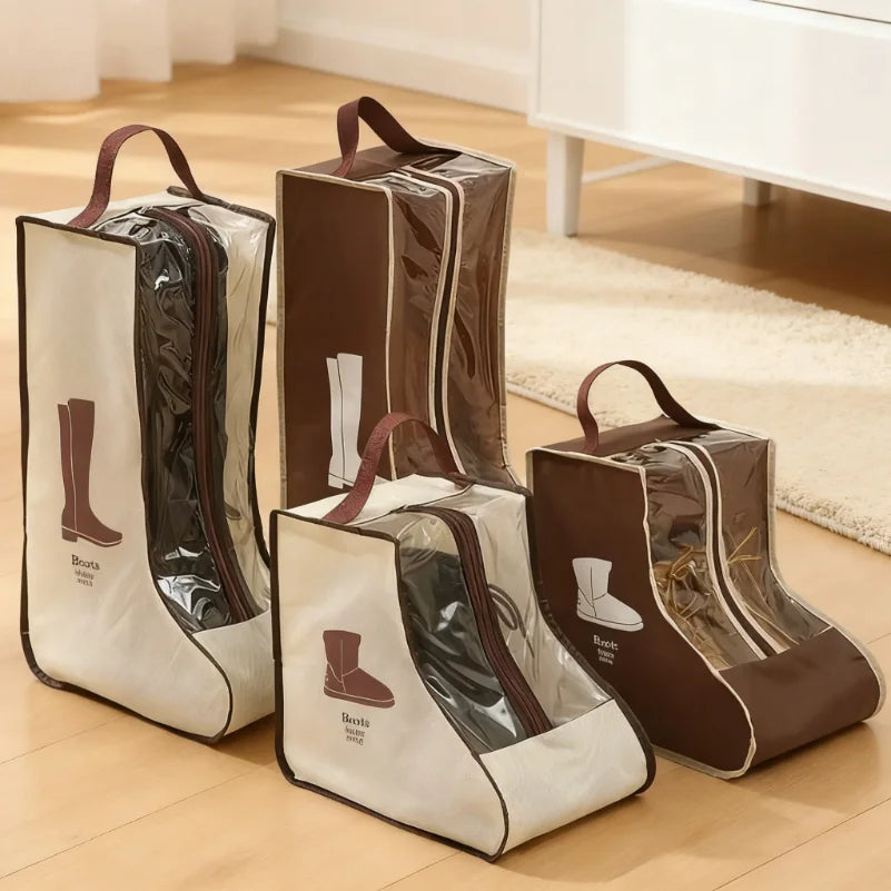 A set of brown and beige tall boot storage bags for organizing footwear.
