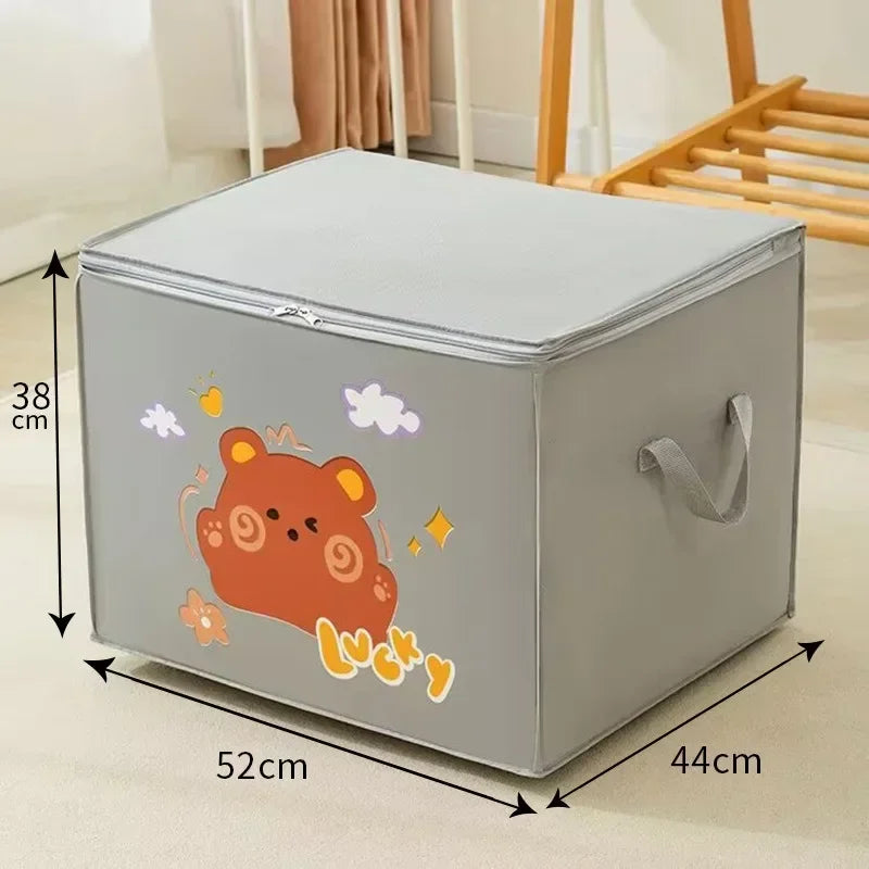 A gray foldable storage bag with a lid and handle, featuring an orange bear design, shown from the side.