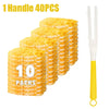 A stack of 10 packs of disposable microfiber duster refills with yellow handles.