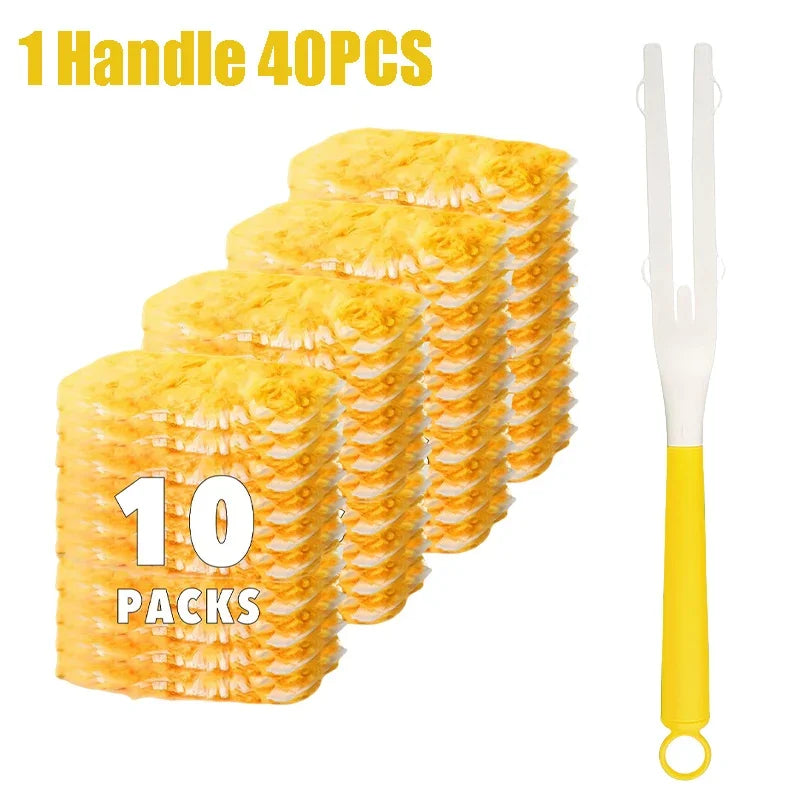 A stack of 10 packs of disposable microfiber duster refills with yellow handles.