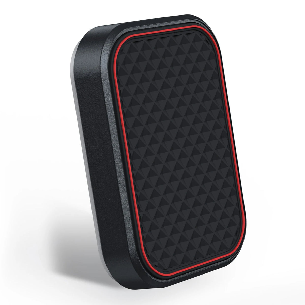 Support magnétique noir et fin pour téléphone de voiture, avec surface texturée et bague rouge.