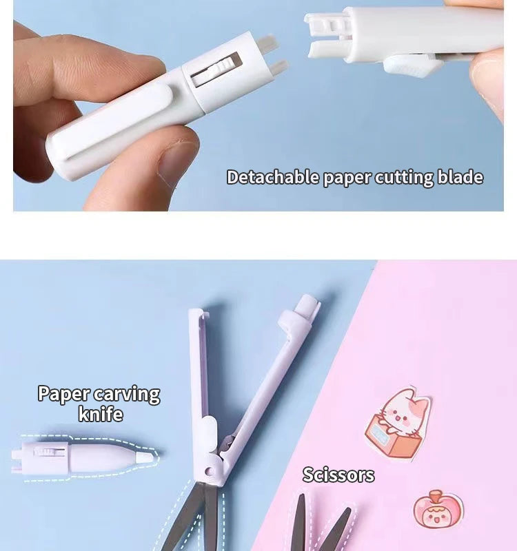 A white pen-shaped tool is shown with a detachable paper cutting blade and scissors for crafting.