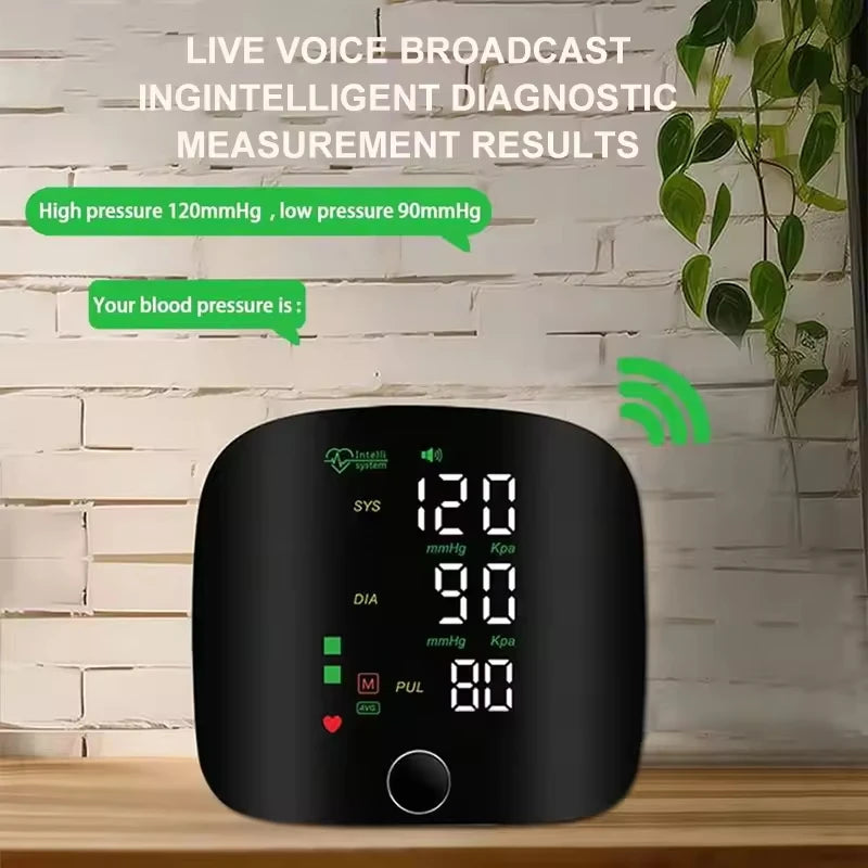 A black portable automatic wrist blood pressure monitor displaying a reading of 120/90 mmHg.