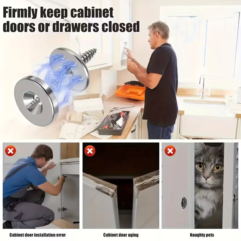 A man demonstrates the installation of a magnetic cabinet door catch, showing how to keep doors or drawers closed.