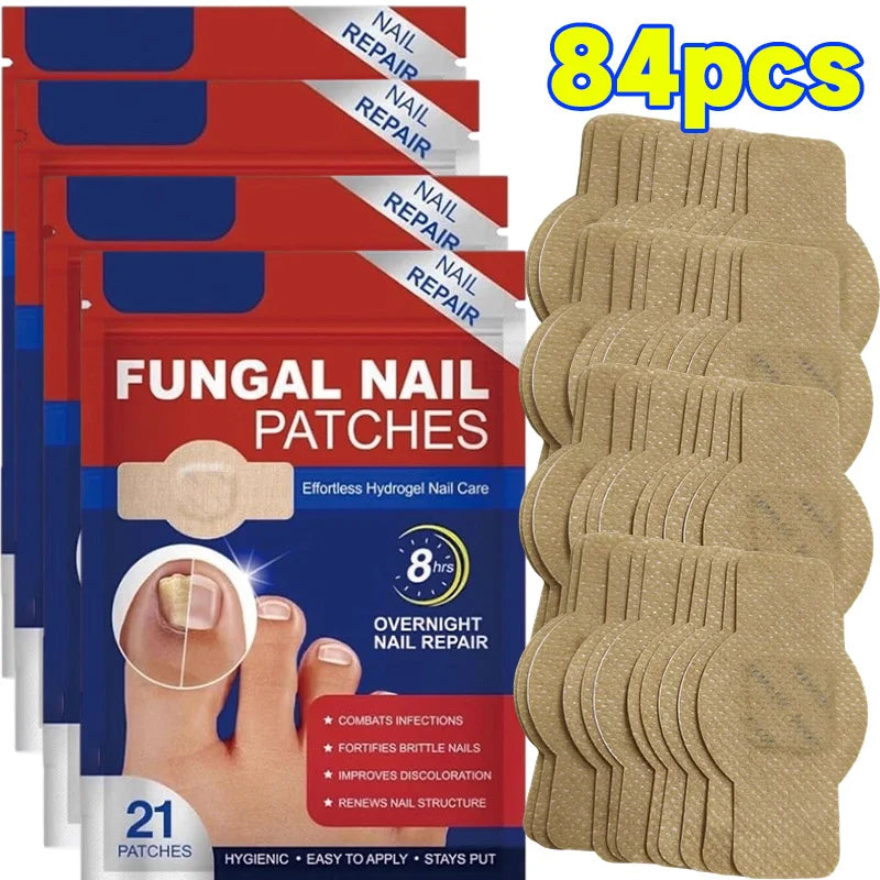 A package of 84 fungal nail patches for overnight nail repair with instructions.