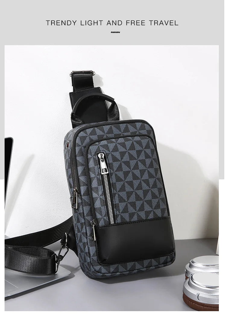 Men's Waterproof PU Leather Crossbody Bag with Geometric Pattern