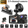 A black 1080p 2/3-channel dash camera with optional accessories shown in various configurations.