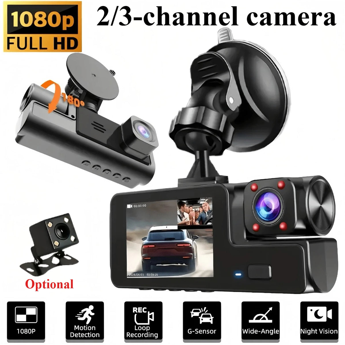 A black 1080p 2/3-channel dash camera with optional accessories shown in various configurations.