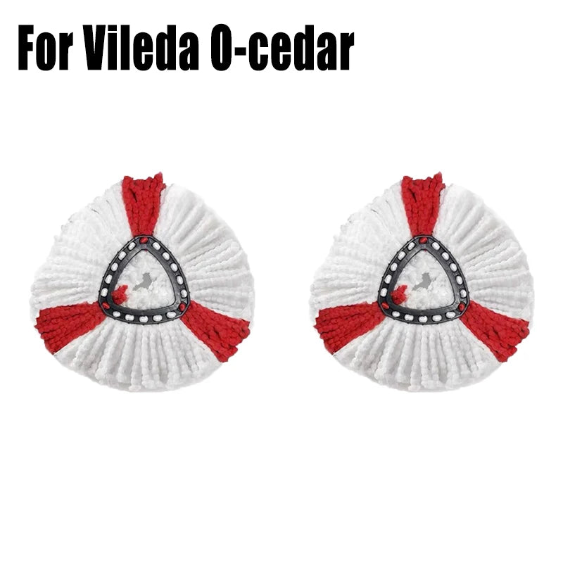A pair of white and red rotating spin mop heads with a triangle fit for Vileda 0-cedar mops.