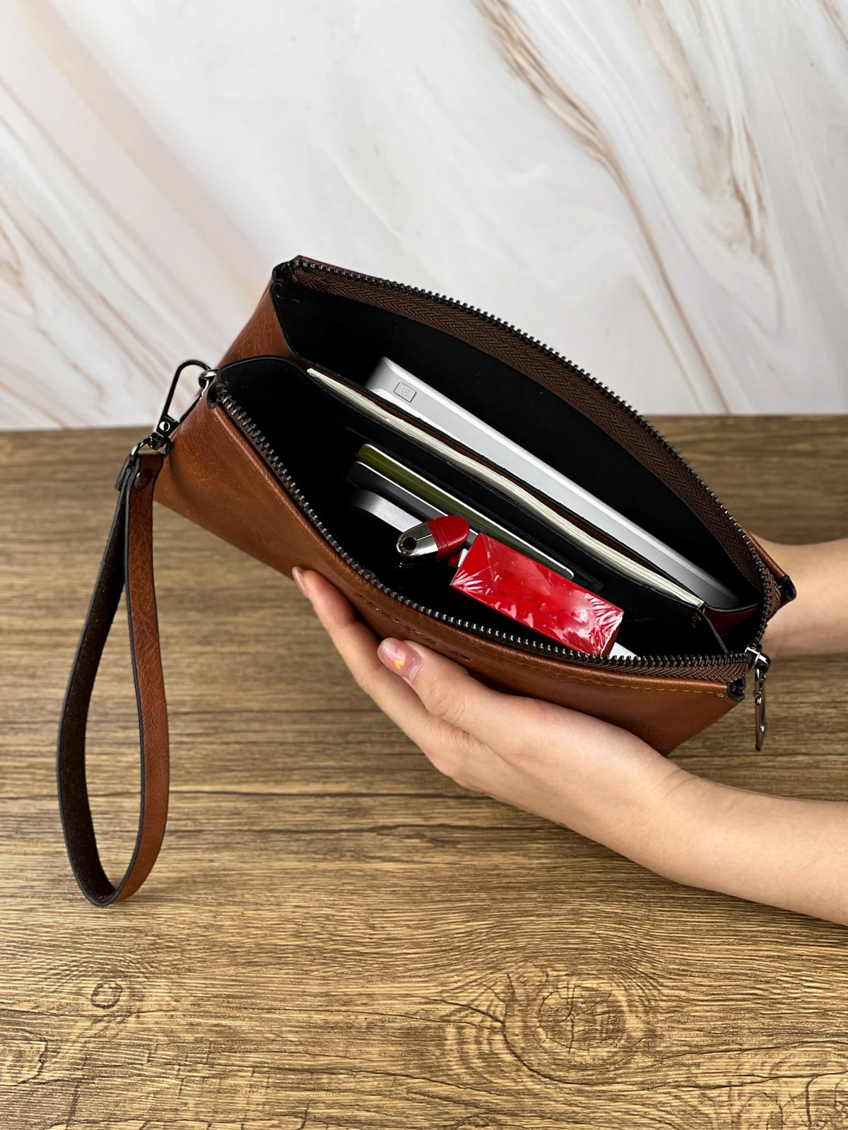 Men's Classic Leather Clutch Bag with Dual Zip Compartments