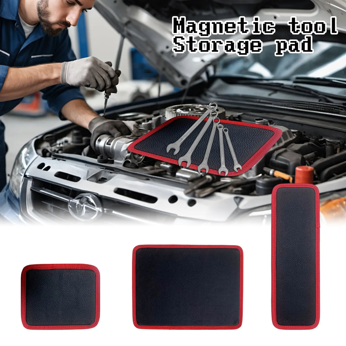A magnetic tool storage pad shown being used on a car engine bay, with various sizes of the mat displayed below.